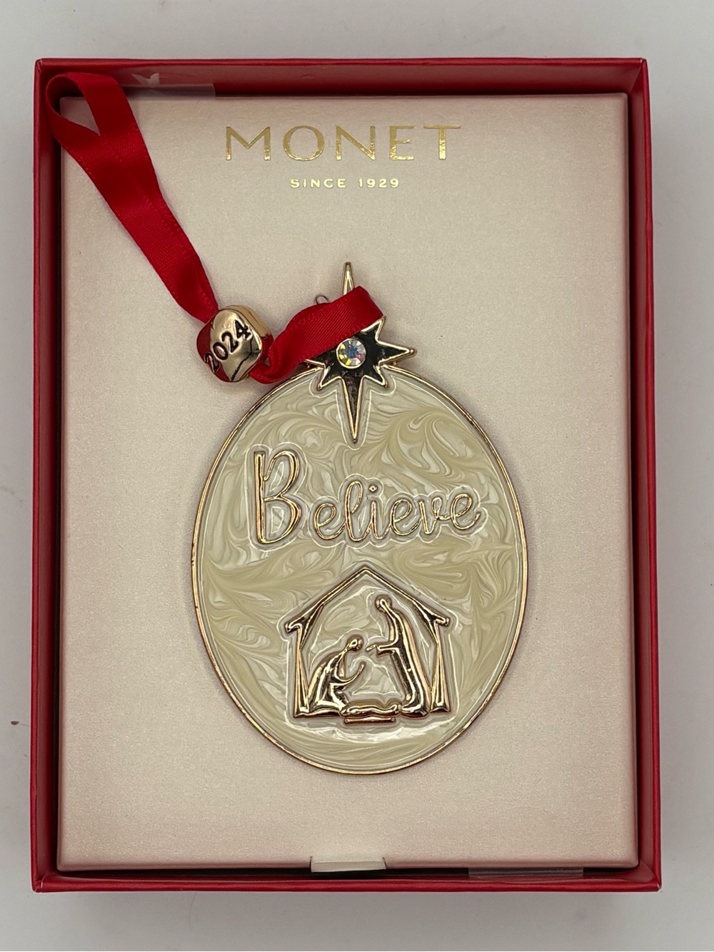 Monet 'Believe' Cream and Gold Nativity Ornament with Red Ribbon 2024 NIB